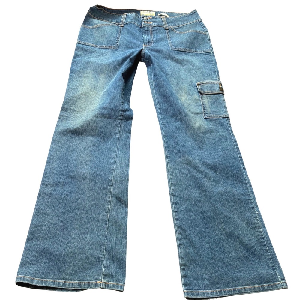 Y2K Flare Low Rise Wide Leg Cargo Jeans Blue Stretch Denim Size 14 Regular